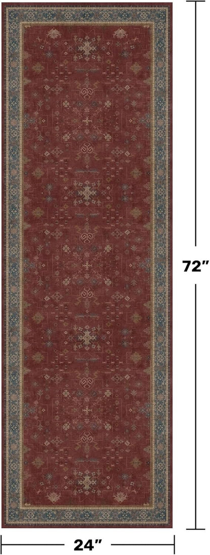Turkish Kitchen Runner Rugs - Non-Skid Washable Design | Dark Red 2x6 for Hallway & Bathroom
