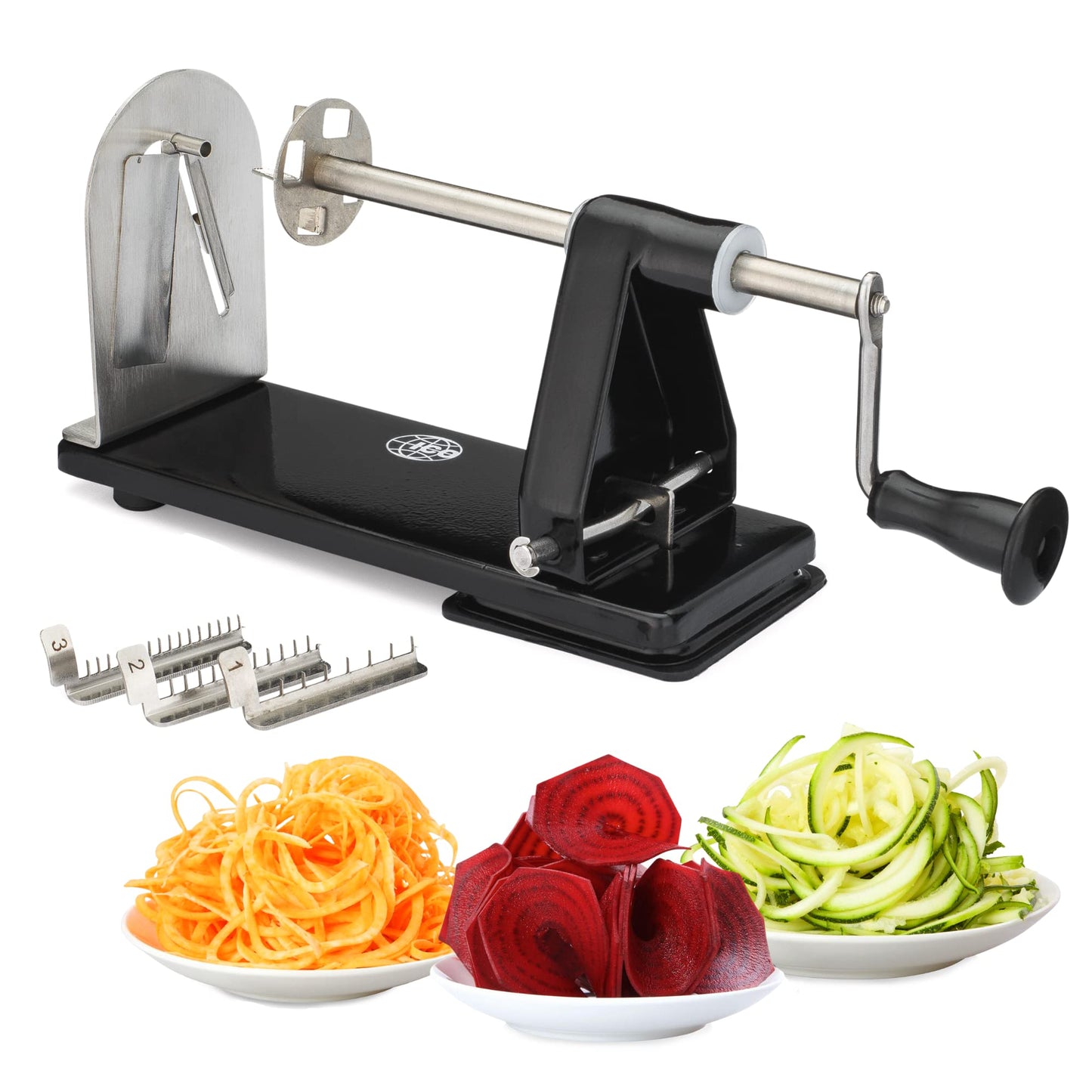 ICO 4-Blade Spiralizer Vegetable Slicer and Curly Fries Maker, Stronger than all Plastic Spiralizers with 3 Interchangeable Blades and 1 Built-In, Black