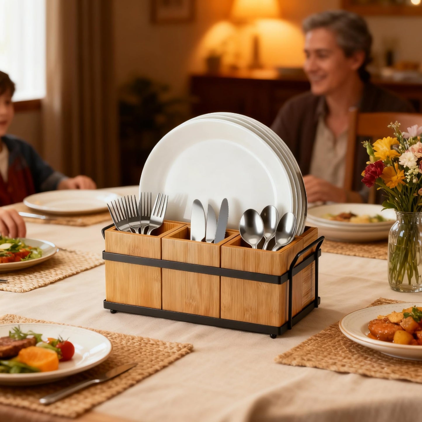 Silverware Caddy Wood Utensil Holder 4-in-1 Bamboo Utensil Caddy with Removable Divider Portable Kitchen & Dining Organizer for Forks, Napkins, Plates, BBQ, Picnic, Camping Countertop Organizing