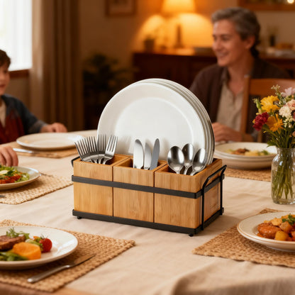 Silverware Caddy Wood Utensil Holder 4-in-1 Bamboo Utensil Caddy with Removable Divider Portable Kitchen & Dining Organizer for Forks, Napkins, Plates, BBQ, Picnic, Camping Countertop Organizing
