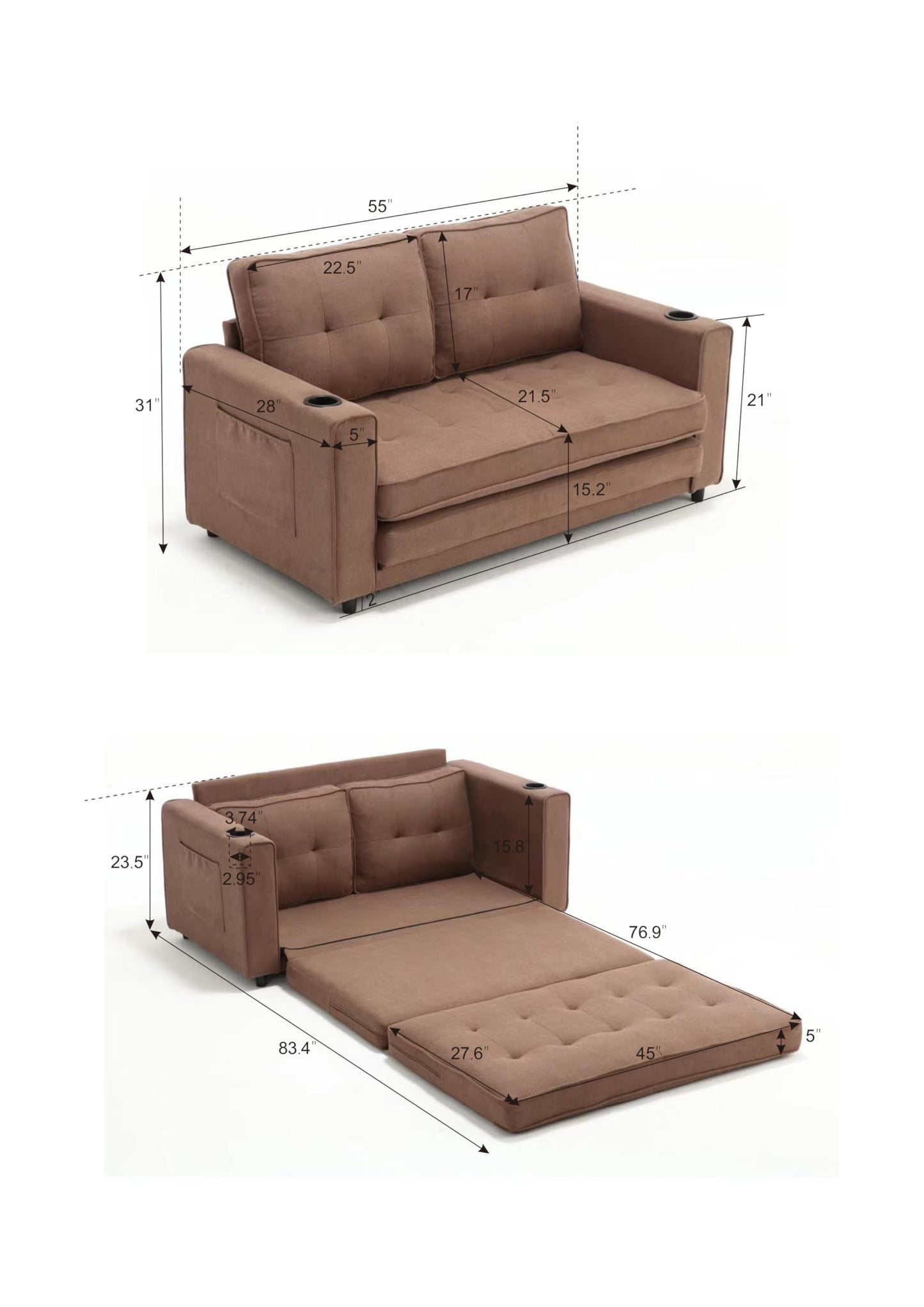 ERYE Foldable Loveseat Sofa Convertible Pull Out Sleeper Sofabed,2 Seat Tufted Upholstered Sofa Modern Convertible Sleeper Couch Bed with Cupholders and Side Pockets