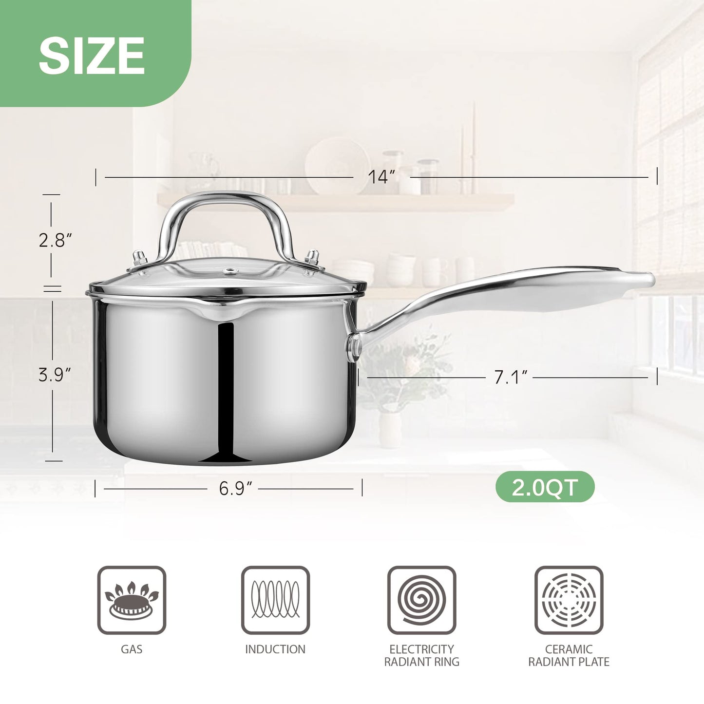 Fracoda 2.0 Quart Stainless Steel Pot Saucepan with Glass Strainer Lid, Sauce Pot with Two Side Spouts, Induction Cooking Pot, Multipurpose Sauce Pan with Lid for Cooking