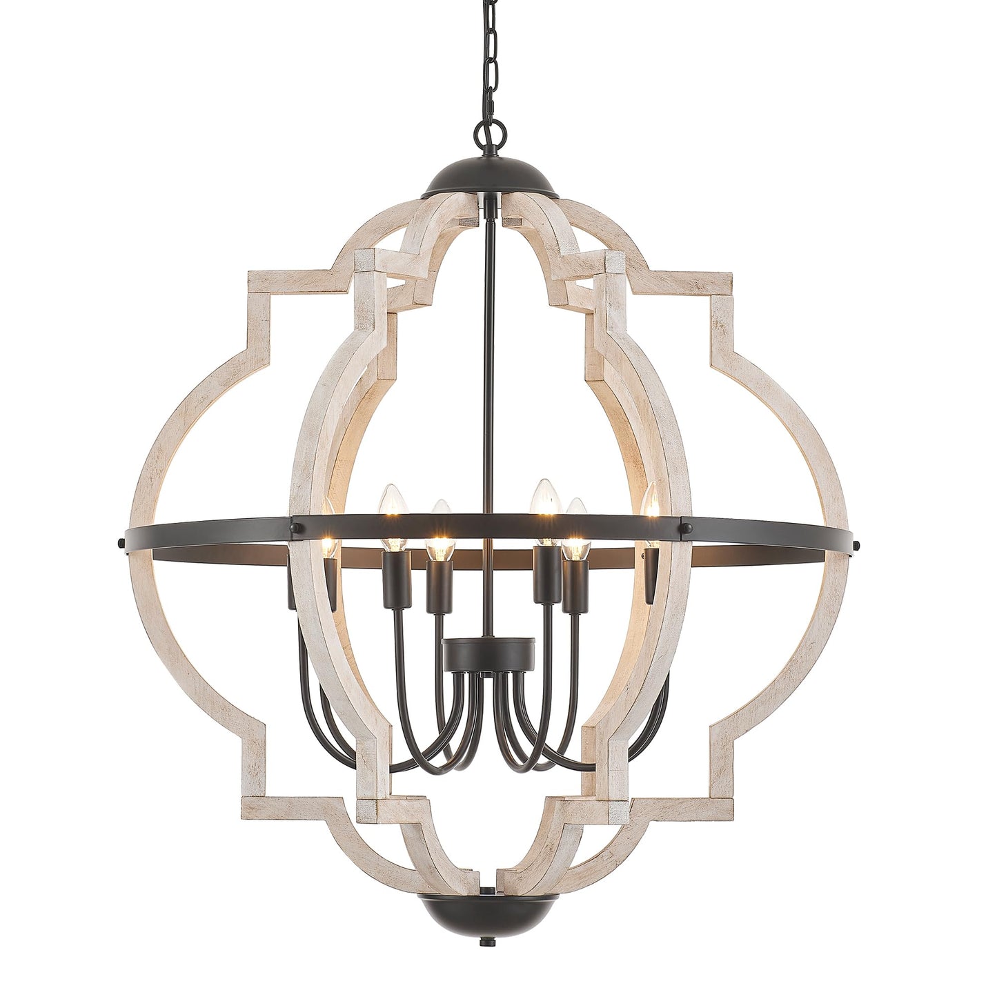 Faibra 8-Light Wood Pendant Light,31.96'' Vintage Rustic White Wood Chandeliers,Retro Industrial Hanging Light Fixtures for Dining Room Entryway, Bedroom
