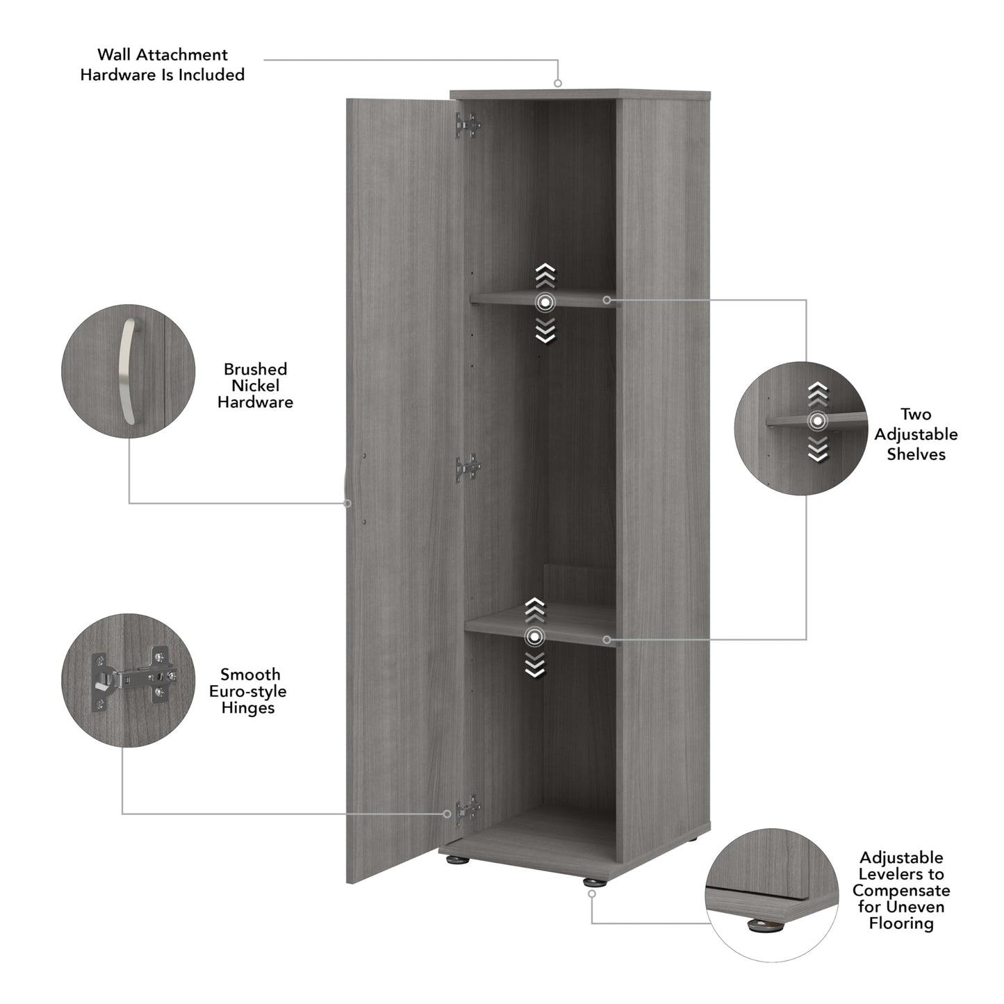 Bush Business Furniture Universal Narrow Linen Tower with Door and Shelves in Platinum Gray