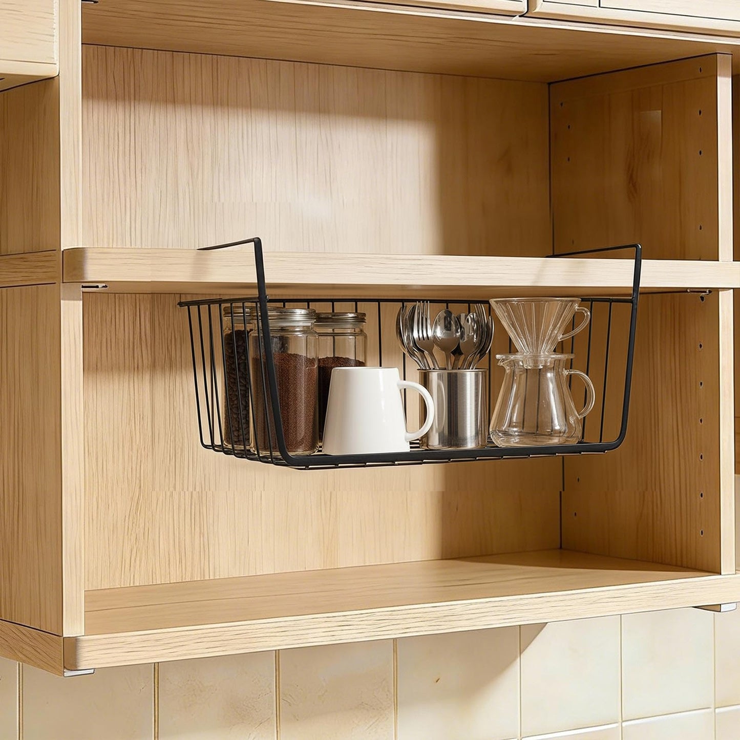 Undershelf Storage Basket Under Shelf Wire Basket Household Metal Under Shelf Hanging Storage Bin Basket Slides Under Shelves for Storage Space Saving for Kitchen Pantry Bookshelf (Medium, 2 PCS)