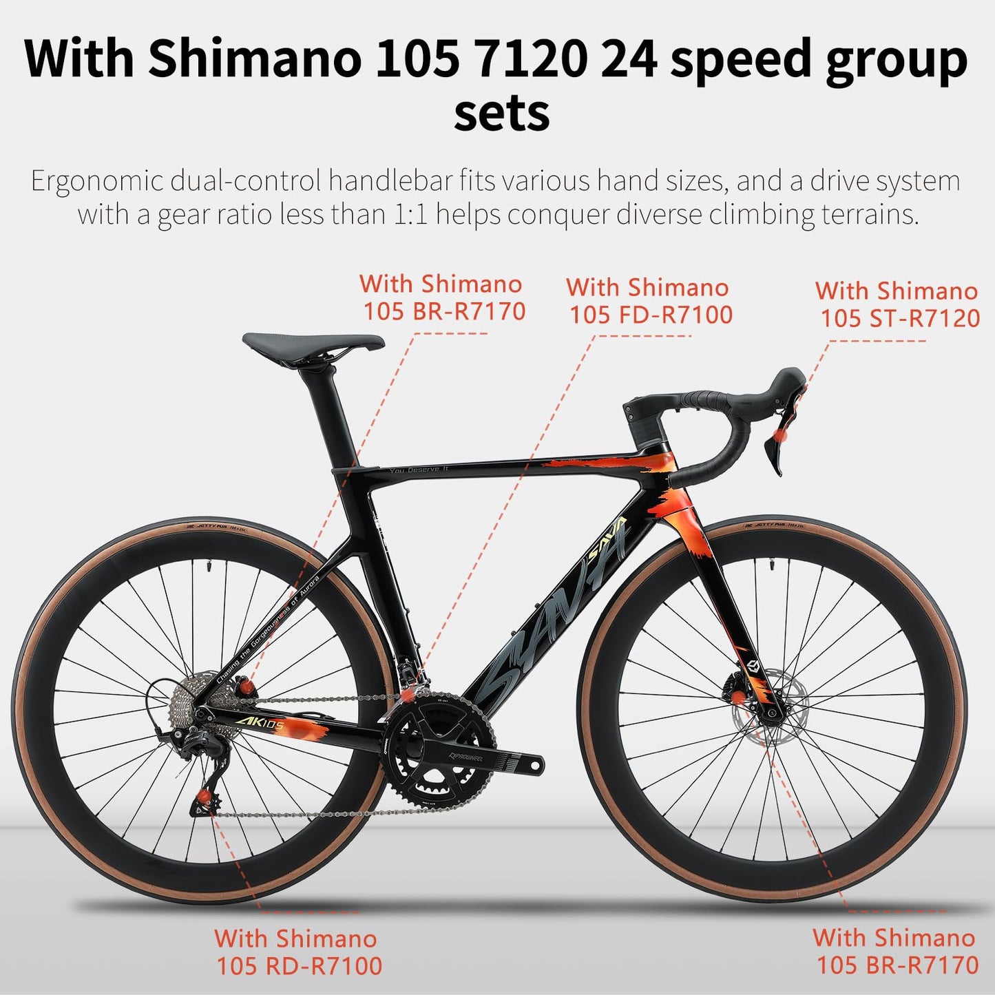 SAVADECK Carbon Fiber Road Bike, Hydraulic Oil Disc Bike with Carbon Fiber Frame and Wheelset, Lightweight Full Carbon Racing Bicycle with Shimano R7120 24S Shift Set for Adults(51CM,Twilight-Orange)