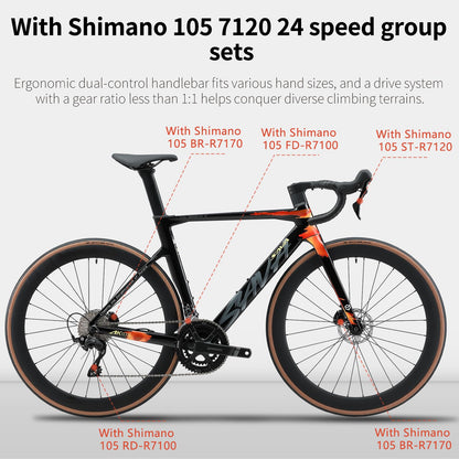SAVADECK Carbon Fiber Road Bike, Hydraulic Oil Disc Bike with Carbon Fiber Frame and Wheelset, Lightweight Full Carbon Racing Bicycle with Shimano R7120 24S Shift Set for Adults(51CM,Twilight-Orange)