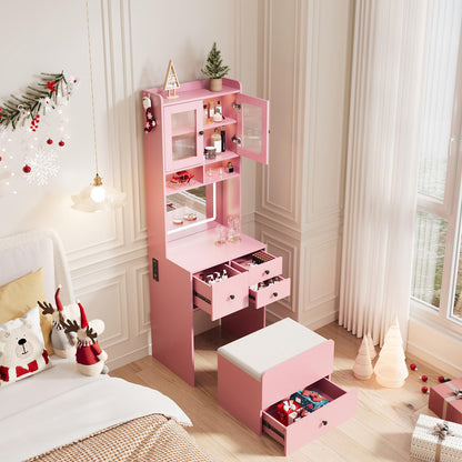 Garvee 3 in 1 Vanity Desk with LED Light, Tall Makeup Vanity Set with 2 AC Outlets & USB-c, Dressing Table with Drawers & Acrylic Doors, Nightstand Vanity Mirror, Jewelry Box, Cushioned Chair, Pink