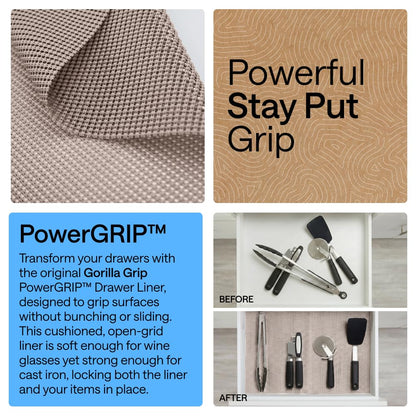 GORILLA GRIP powerGRIP Drawer Shelf and Cabinet Liner, Thick Strong Hold, Non-Adhesive Liners Protect Kitchen Cabinets and Cupboard, Bathroom Drawers, Easy Install Mat, 12" x20', Beige