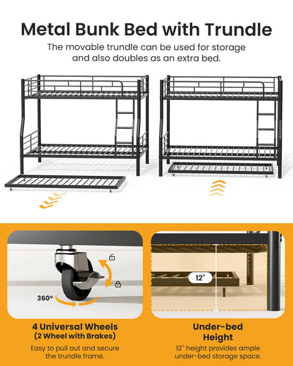 Mixcous Full XL Over Queen Bunk Bed with Trundle, Heavy-Duty Metal Bunk Bed w/Full-Length Guardrail & EVA Padded Ladder, Convertible to 3 Separate Beds for Adults, Teens, Noise-Free, Black