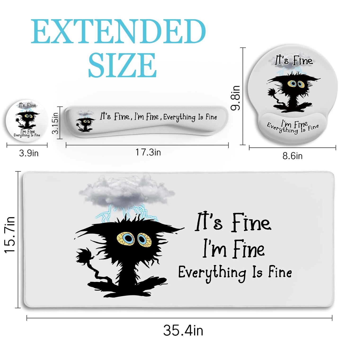 LIMKRIAN Desk Mat Set, Large Gaming Mouse Pad with Wrist Rest, Ergonomic Mouse Pad Keyboard Mat Wrist Support, Cup Coaster, Home Office Desk Accessories Decor Supplies, Funny Black Cat