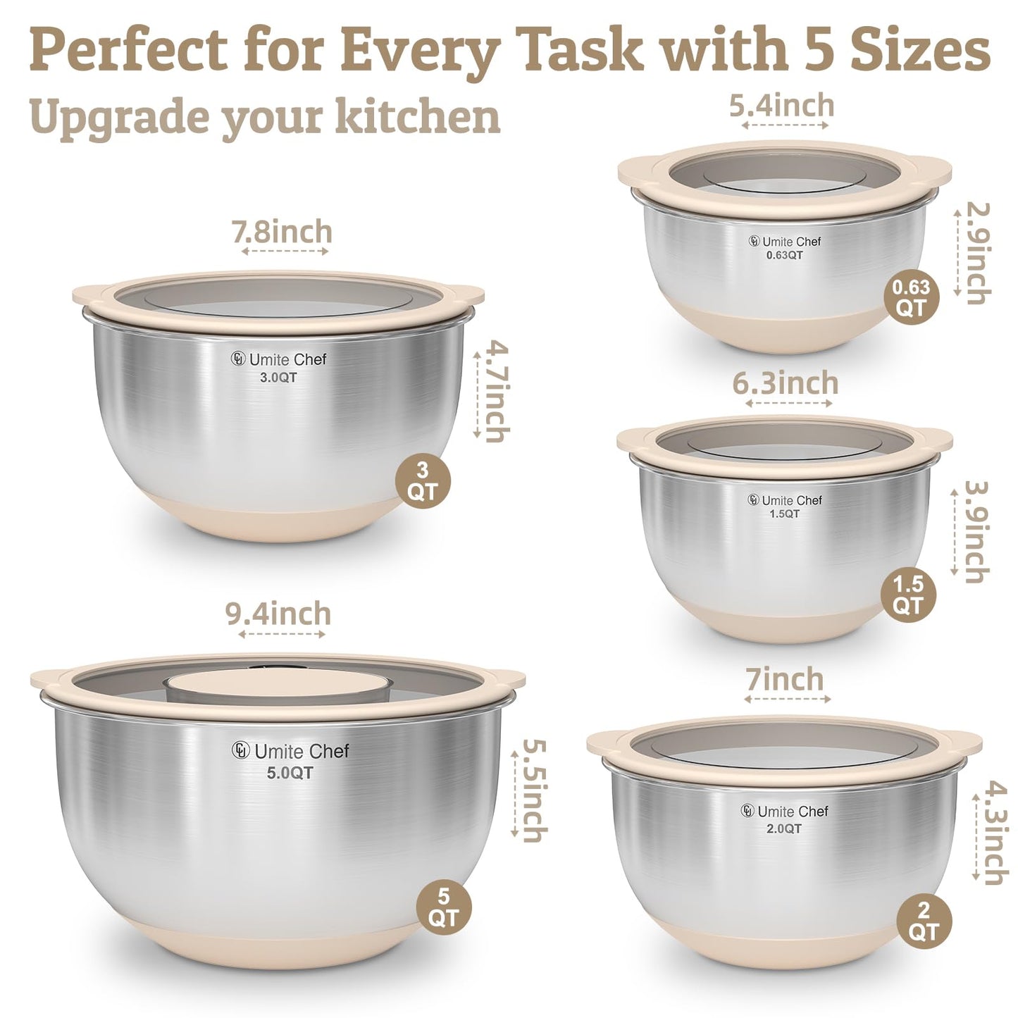Mixing Bowles Set with Lids Set - Warp-Proof TPR-AS Lids, Stainless Steel Mixing Bowl with 3 Graters & Measuring Lines, Non-Slip Bowls for Baking, Prep, Airtight Food Storage (Khaki 5/3/2/1.5/0.63QT)
