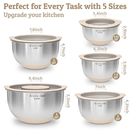 Mixing Bowles Set with Lids Set - Warp-Proof TPR-AS Lids, Stainless Steel Mixing Bowl with 3 Graters & Measuring Lines, Non-Slip Bowls for Baking, Prep, Airtight Food Storage (Khaki 5/3/2/1.5/0.63QT)