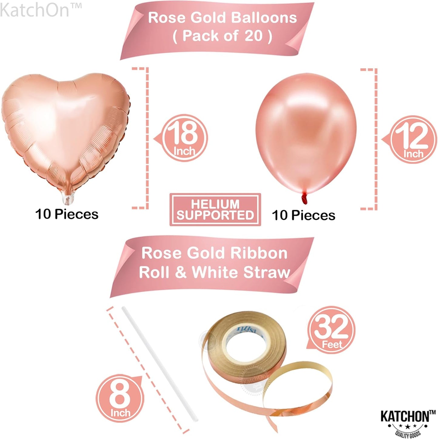 KatchOn Pack of 20 Big Rose Gold Heart Balloons - 18 Inch Rose Gold & Blush Pink Heart Shaped Balloons for Valentines &