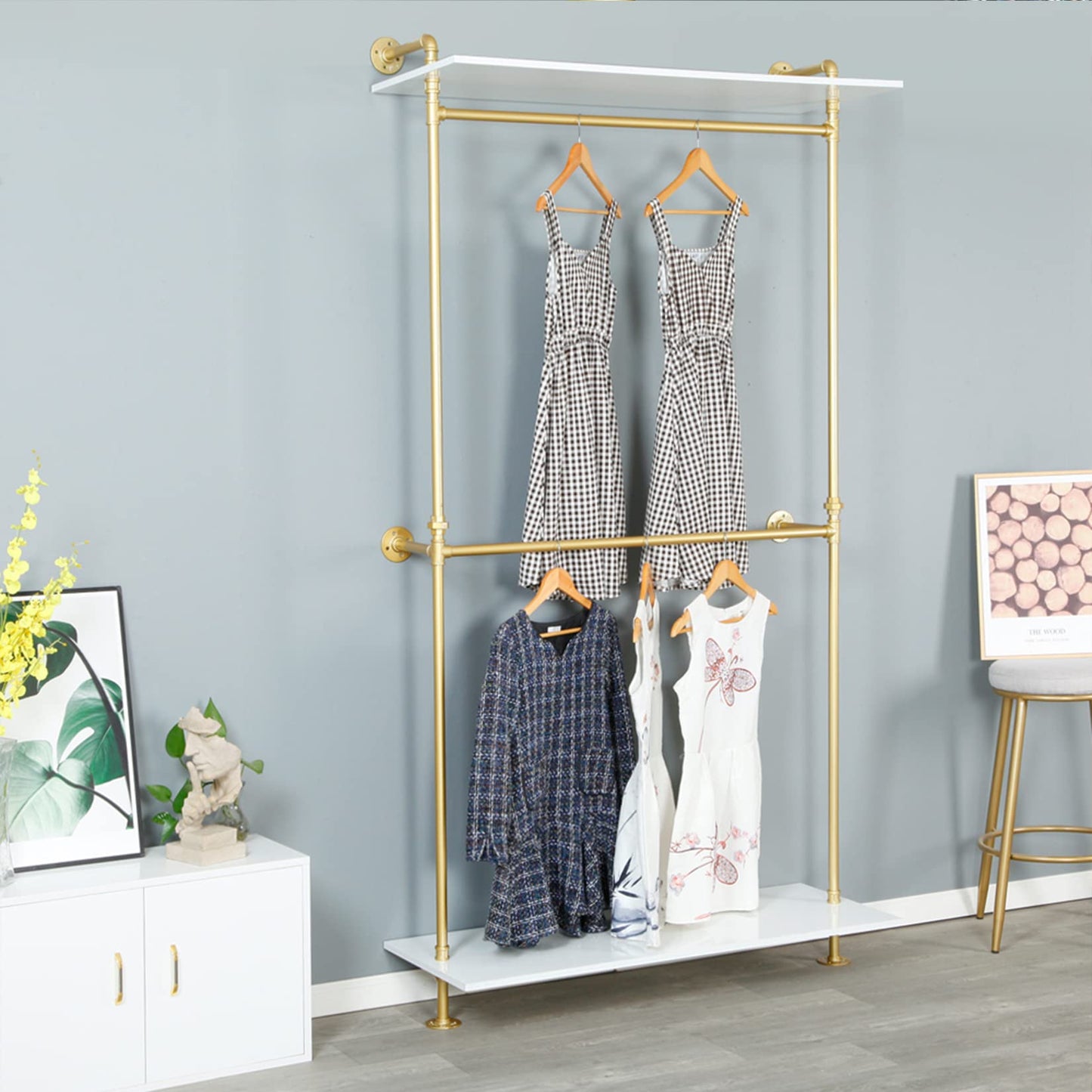 MDEPYCO Modern Simple 2 Tier Metal and Wood Garment Rack,Industrial Pipe Double Hanging Rods Clothing Rack,Retail Display Wall Mounted Storage Clothes Hanging Shelf (One Shelves,Gold, 55.2" L)