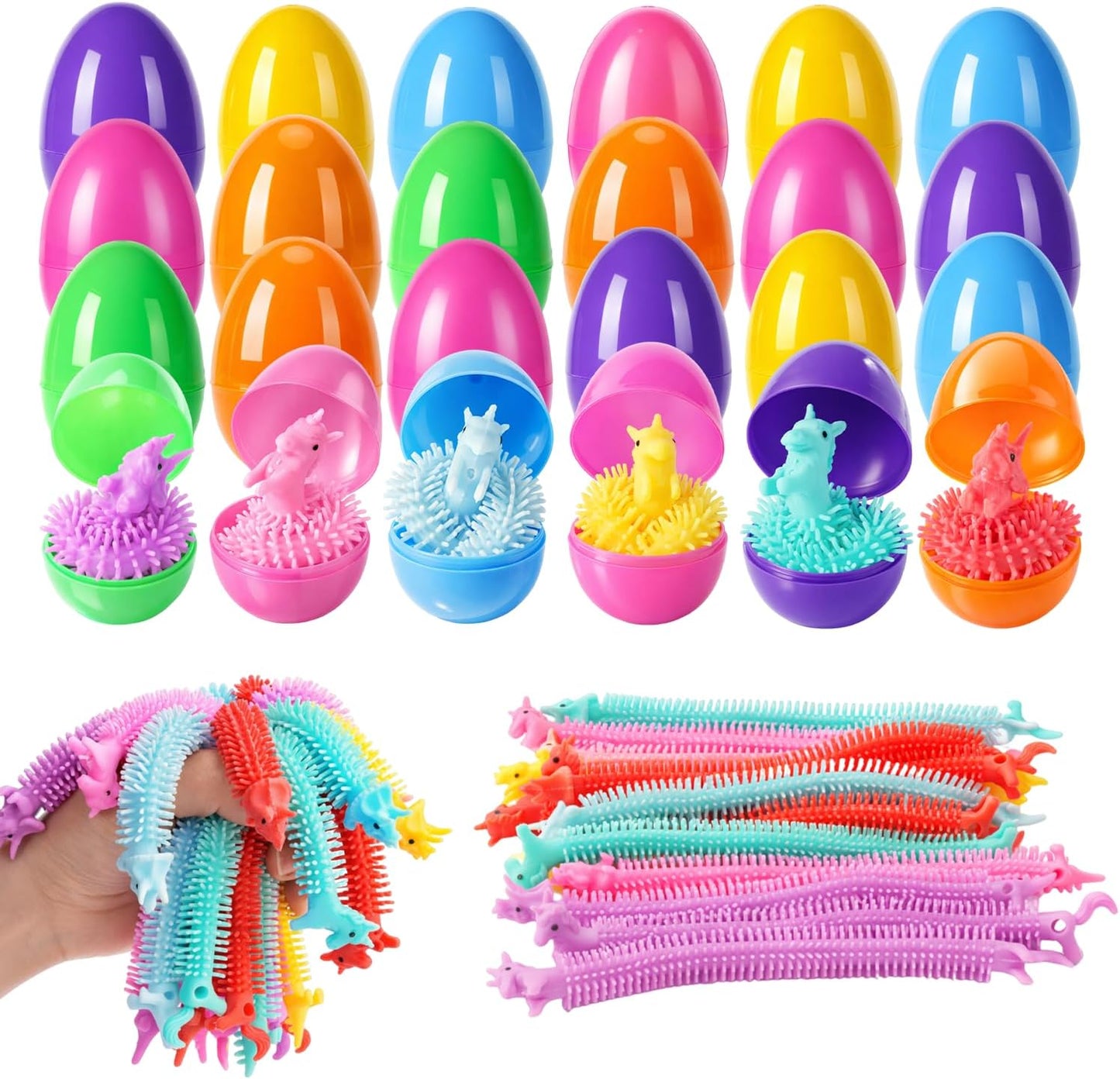 24 Pack Yunfan Prefilled Easter Eggs with Dinosaur Stretchy Strings Fidget Toys Stress Reliever Sensory Squeeze Toys