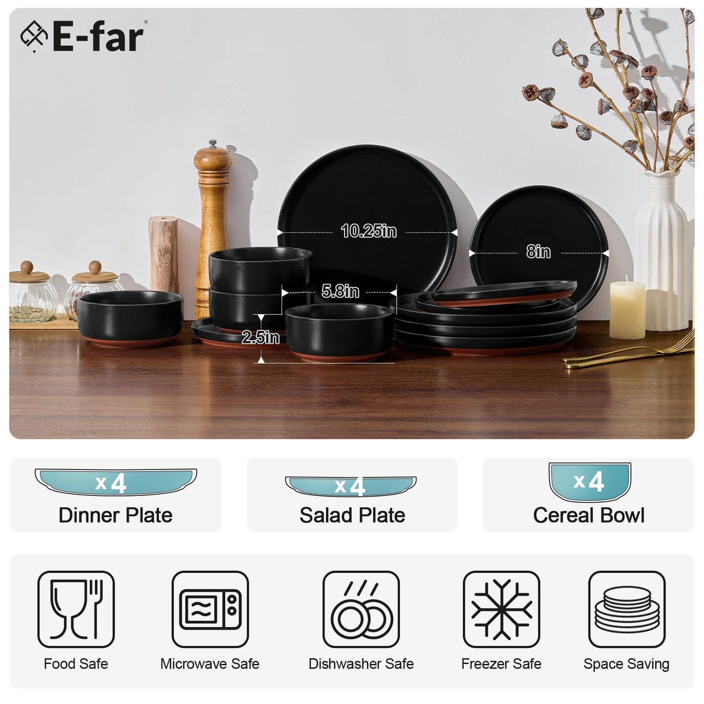E-far 12-Piece Stoneware Plates and Bowls Sets, Dinnerware Sets for 4, Ceramic Dishware Dishes Set with Terracotta Base, Chip & Scratch Resistant, Microwave & Dishwasher Safe, Matte Black