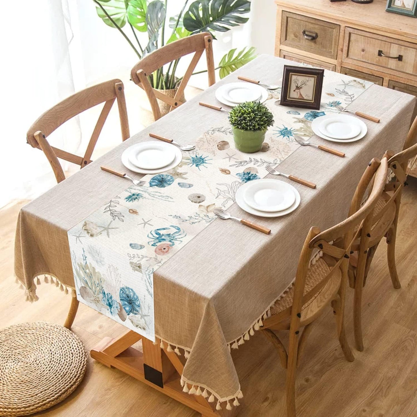 13x36 Inch PROCIDA Blue Beach Table Runner Tropical Ocean Coastal Table Runners Seashell Burlap Seasonal Nautical