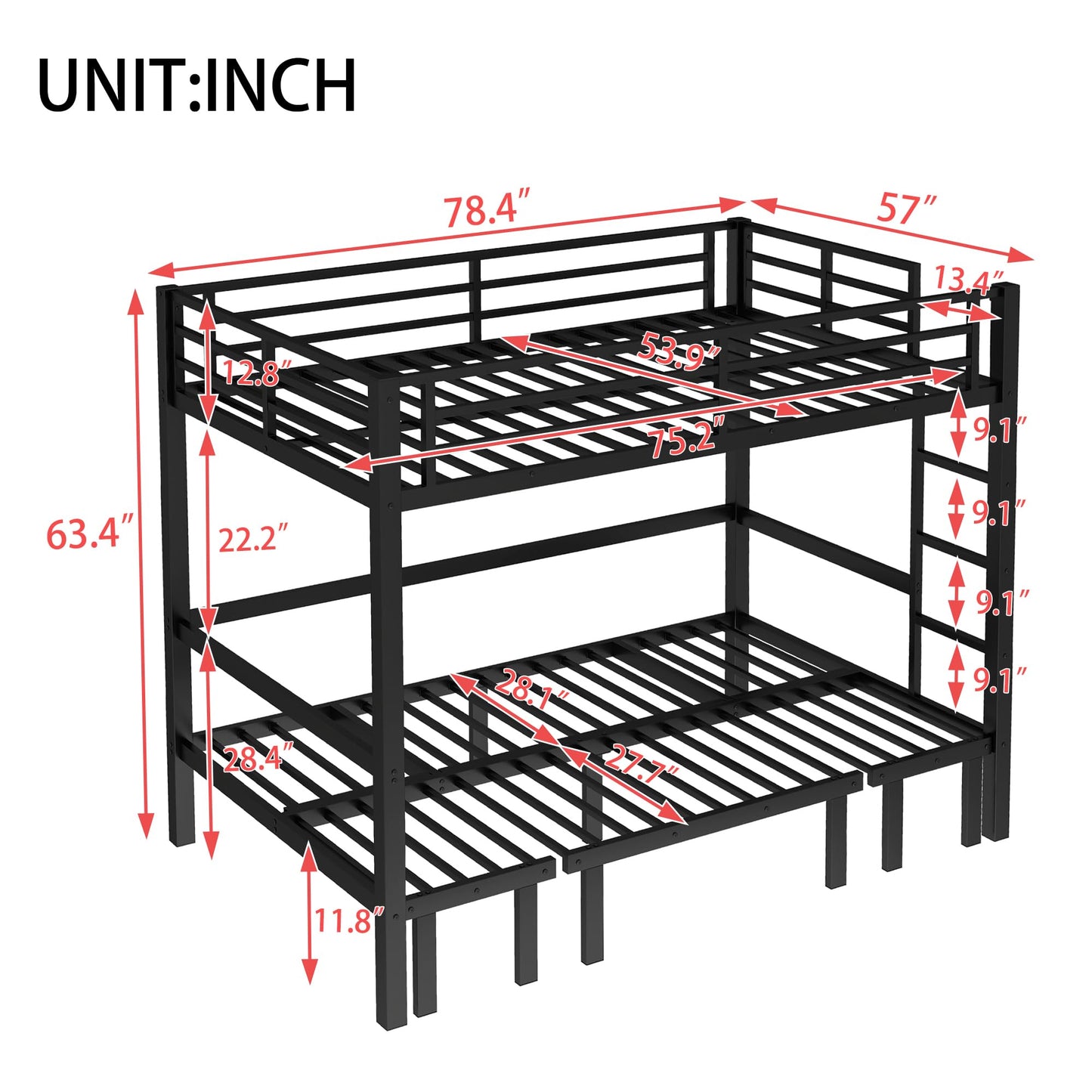 Bellemave Full Over Full Futon bunk Bed, Lower bunk can be Pulled Out in Three Sections, Loft Bed with Sofa for Teens, Adults, Bedroom, Black(Excluding Cushions and mattresses)
