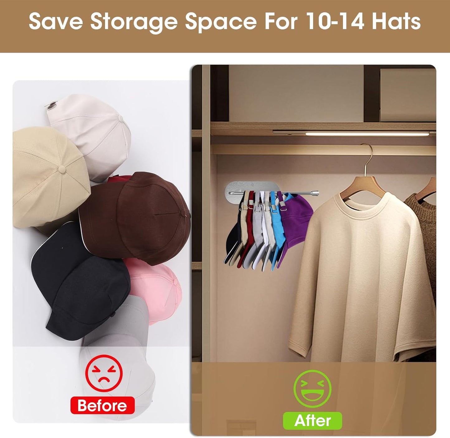 Wall Mounted Hat Rack, 2 Pack Hat Organizer for Baseball Caps, Stainless Steel Storage Organizer with Strong Adhesive