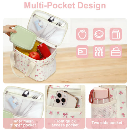BTOOP Insulated Lunch Bag for Women, Cute Leakproof Lunch Tote, Large Capacity Aesthetic Lunch Box Bag with Shoulder Strap for Work, School, Picnic Pink Bow Floral