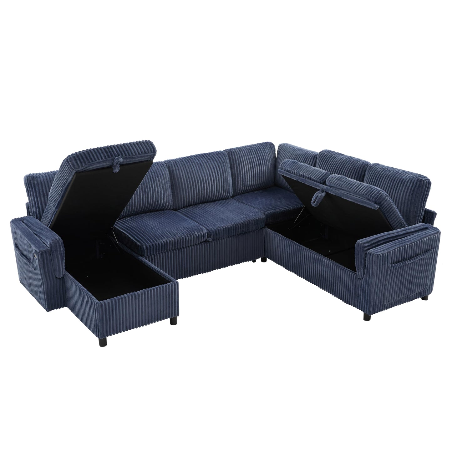 Merax Modern 111 Inch U-Shaped Convertible Sofa with USB Ports and Storage, Corduroy 6-Seat Sectional Pull Out Sleeper Sofa Bed with Chaise Lounge, Couch Set for Living Room, Blue