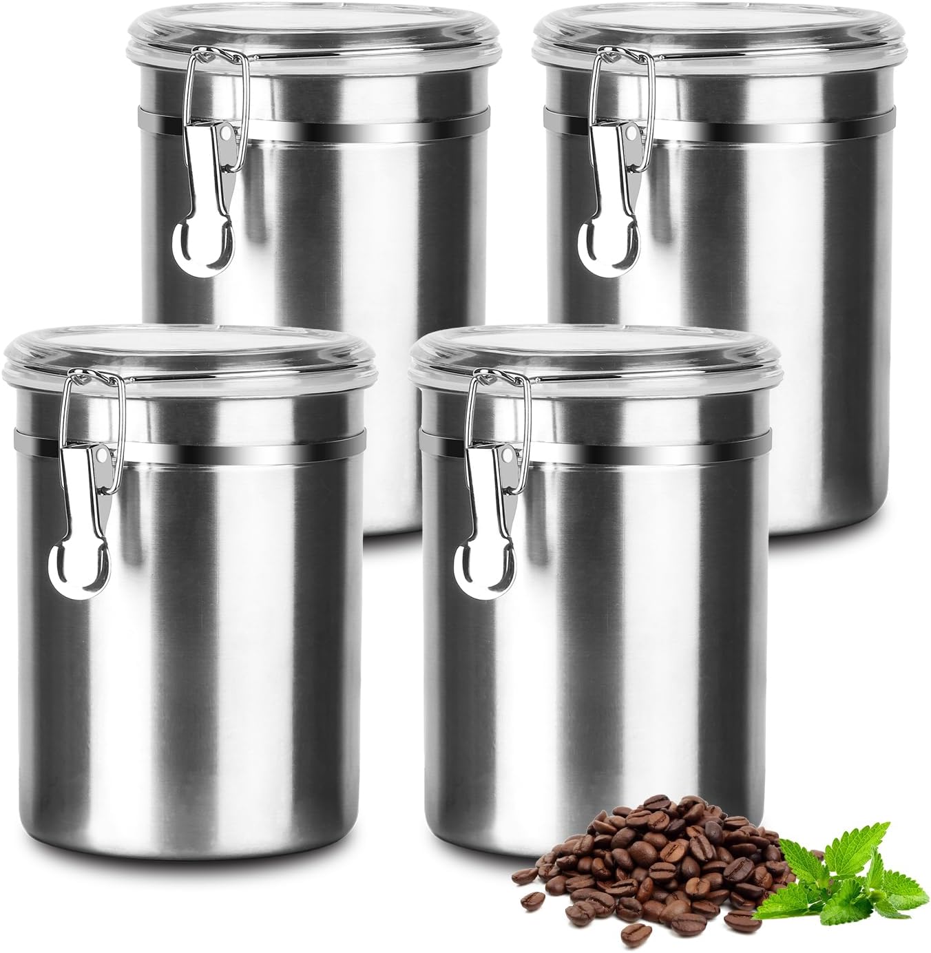 4 (1.8L Silver-4) Coffee Canister Pcs Stainless Steel Food Container with Clear Lids Airtight Container Stackable