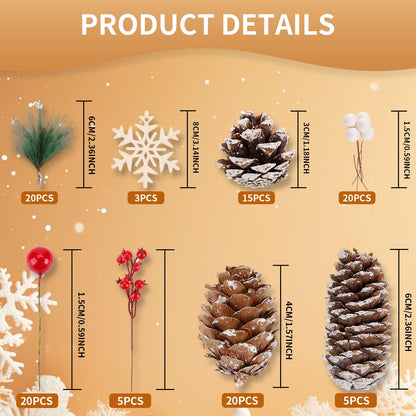 Biubumtu 108 Pcs Christmas Ornaments Pine Cones Berry Pine Branch Set Xmas Decorations for Home, Pinecones for Crafts Vase Filler Wreath Christmas Table Decor