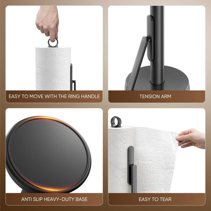 theaoo Heavy-Duty Stainless Steel Paper Towel Holder with Tension Arm – Easy One-Handed Tear, Modern Standing Countertop Dispenser for Kitchen, Holds All Paper Towel Rolls (1, Black)