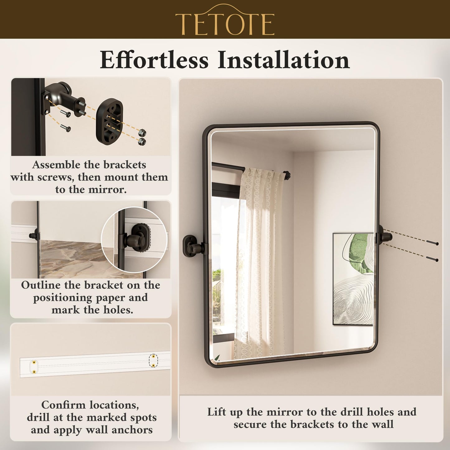 TETOTE Black Pivot Bathroom Mirror 48 x 30 Large Tilting Wall Beveled Mirror, Metal Framed Rectangle Vanity Mirror, Modern Farmhouse Adjustable Tilted Mirror, Horizontal/Vertical, Tempered Glass