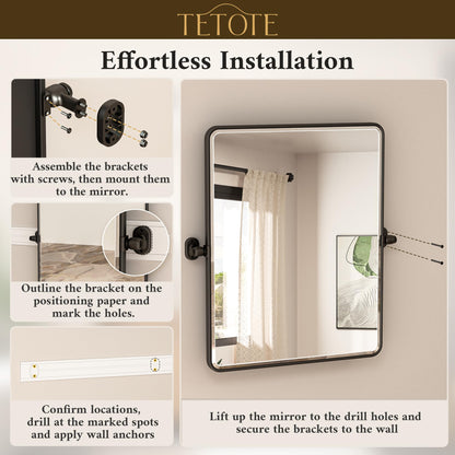 TETOTE Black Pivot Bathroom Mirror 48 x 30 Large Tilting Wall Beveled Mirror, Metal Framed Rectangle Vanity Mirror, Modern Farmhouse Adjustable Tilted Mirror, Horizontal/Vertical, Tempered Glass