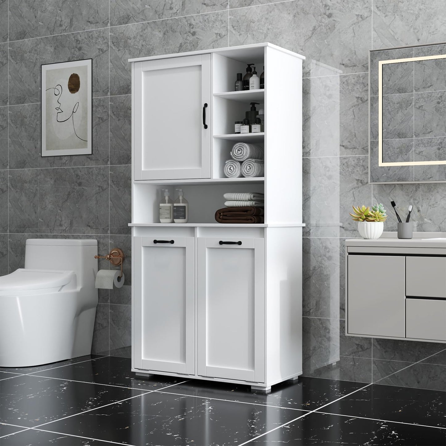 Tall Laundry Cabinet with Double Tilt Out Laundry Hamper, Freestanding Floor Bathroom Cabinet with 12 * 2 Gallon Laundry Storage Basket for Bathroom, Kitchen, White
