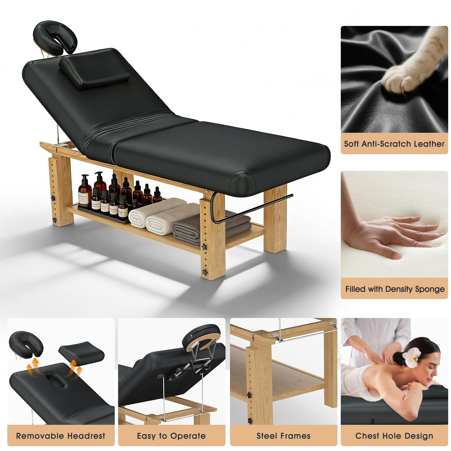 Heavy Duty Massage Table, Wooden Stationary Spa Bed with Adjustable Height & Backrest, PU Leather Professional Physical Therapy Facial Table with Face Pillow, Storage Shelf,1500 LBS Capacity
