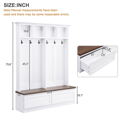 Merax Wood Hall Tree with 6 Hooks & Entryway Bench, Farmhouse Mudroom Versatile Coat Racks with 2 Large Drawers, Entrance Organizer for Hallway, White