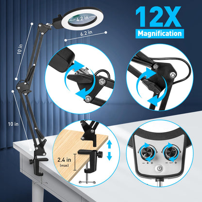 KIRKAS 12X Magnifying Glass with Light and Stand, Overhead Knob Magnifying Lamp for Workbench Craft, Sewing, LED Lighted Magnifier Real Glass Lens Adjust Arm Stepless Dimming and Color(22in Clamp)