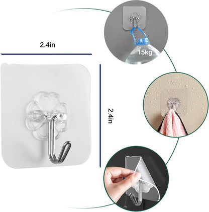 Adhesive Hooks - Heavy-Duty Self-Adhesive Transparent Wall Hooks for Bathroom & Kitchen | 50 Pack