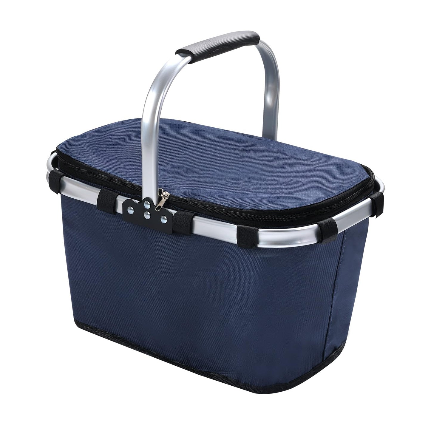 Pomodee Picnic Basket with Handle,30L Large Foldable Insulated Cooler Picnic Basket,Grocery Shopping Basket for Travel Camping Market Bag,Navy Blue
