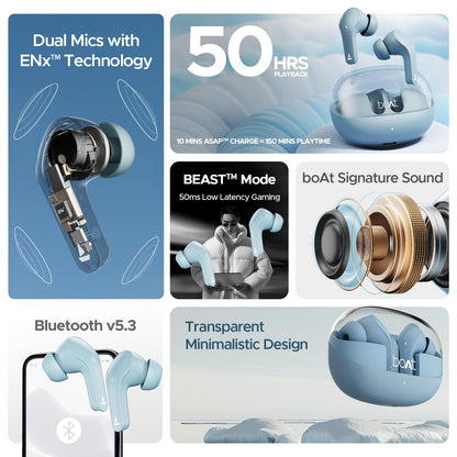 boAt Airdopes 311 Pro Truly Wireless in Ear Earbuds, Up to 50 Hrs Playtime, Dual Mics, Low-Latency Mode, ASAP Charging, IPX4, IWP Tech, BT v5.3 (Dusk Blue)