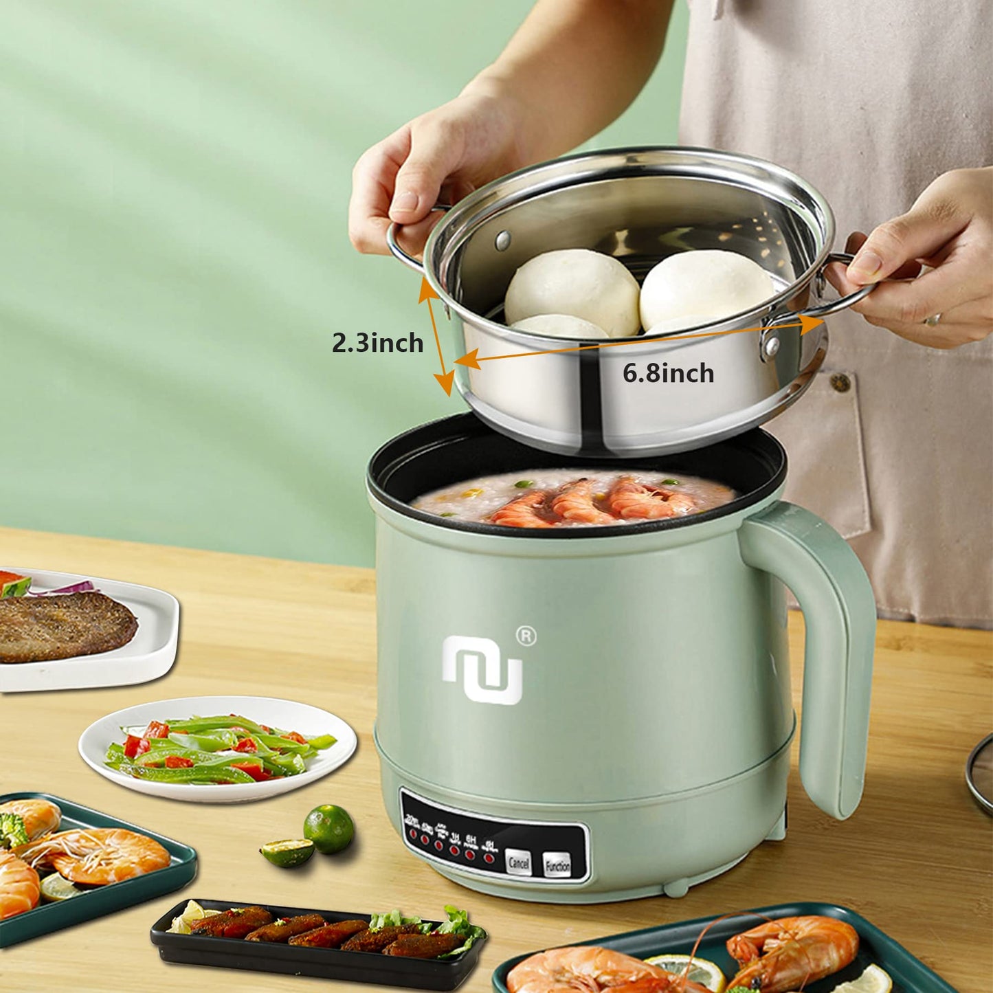 Smart Mini Hot Pot with Timer and Automatic Shut Off 1.2L Non-Stick Rapid Noodle Cooker w Stainless Steel Steamer Basket 600W Quick Cook 5 Cooking Modes for Soup, Rice (1cup) , Porridge, Pasta Great for 1-2 Persons (Green)