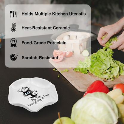 I'M Fine Everything is Fine Spoon Rest for Kitchen, Funny Cat Ceramic Heat Resistant Utensil Holder for Stove Top, Housewarming Gift for Cat Lovers Women, 5.8 Inches
