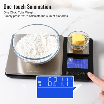 KitchenTour Dual Platform Food Scale, 0.001oz/33lb Precision Smart Kitchen Scales Digital Weight Grams and Ounces for Home Cooking Baking Meal Prep Sourdough Bread, Stainless Steel