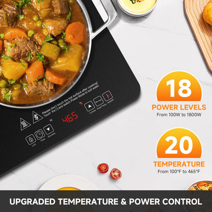 AMZCHEF Portable-Induction-Cooktop-2-Burner-ETL-Certified: 18 Power & 20 Temperature Levels Induction Burners 1800W, Independent Control,10-hour Timer, Safety Lock, Low Noise Electric Cooktops