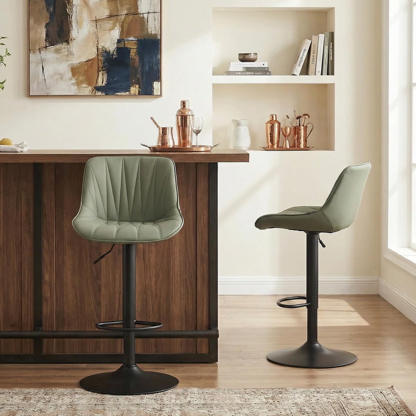 YOUNIKE Bar Stools Set of 2, Faux Leather Padded Bar Stool Counter Height Swivel Bar Chairs, Adjustable Barstools with Back for Kitchen Island, Modern Tall Bar Stools, Olive Green