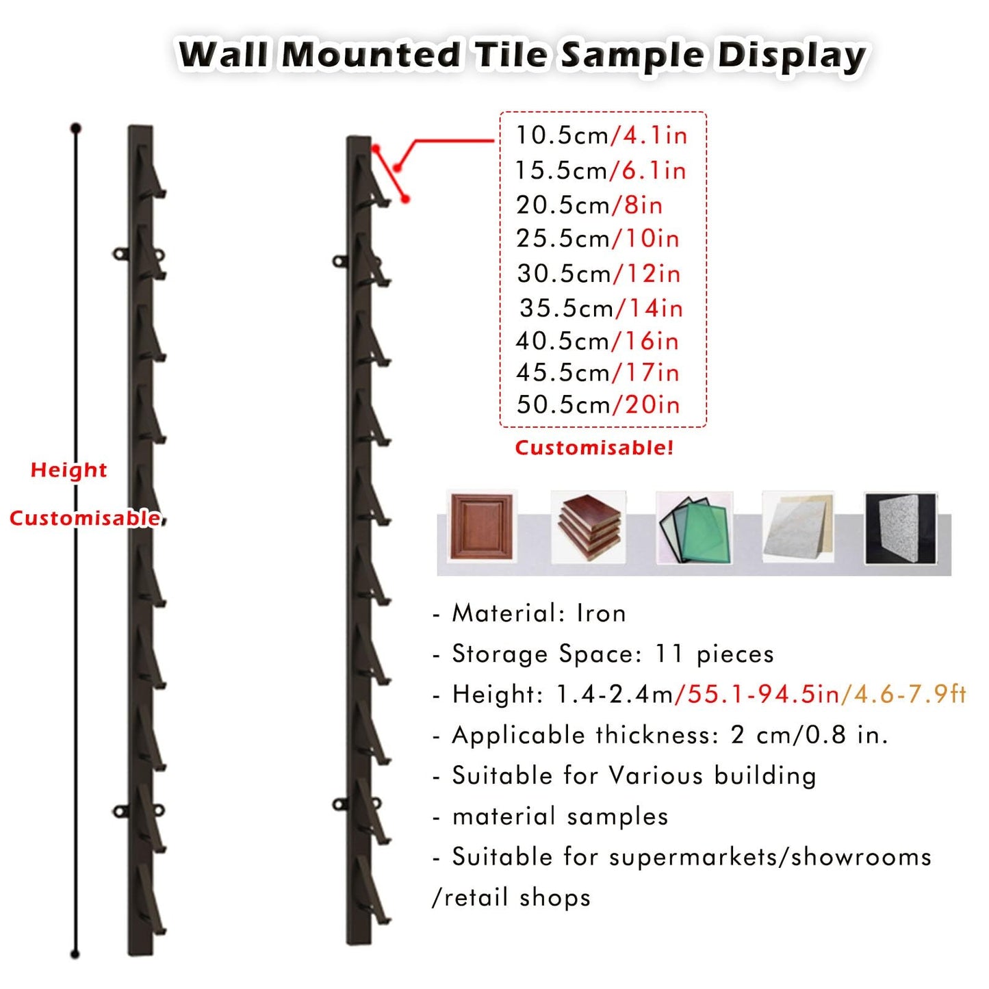 1/ 2/ 3/ 4 Pcs Floor Tile Display Stand, Large 4 8 10 12 Inch Wall-mounted Sample Rack for Retail Stores/ Trade Show/ Supermarket/ Exhibition Hall, Wooden Flooring Storge Shelf(3pc 20.5cm/8in,170cm/67