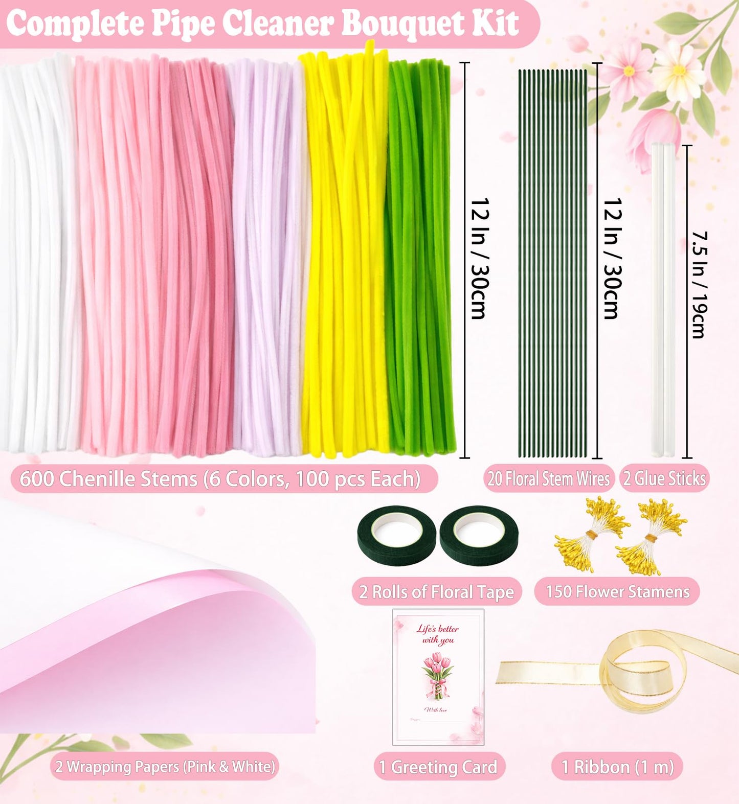 Pipe Cleaner Flower Kit Pink, 600PCS Pipe Cleaners Bulk for Flowers, Pipe Cleaners Craft Set, Chenille Stems Flower Making Kit with Floral Wires, Tape, Glue Sticks, Stamen, Wrapping Paper, Ribbon Card