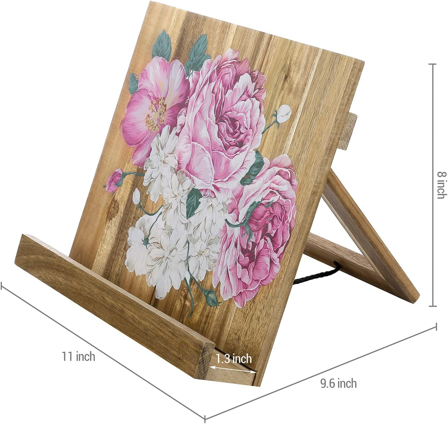 MyGift Premium Acacia Wood Cookbook Holder Stand, Hand Painted Floral Design, Kitchen Countertop Recipe Book Stand