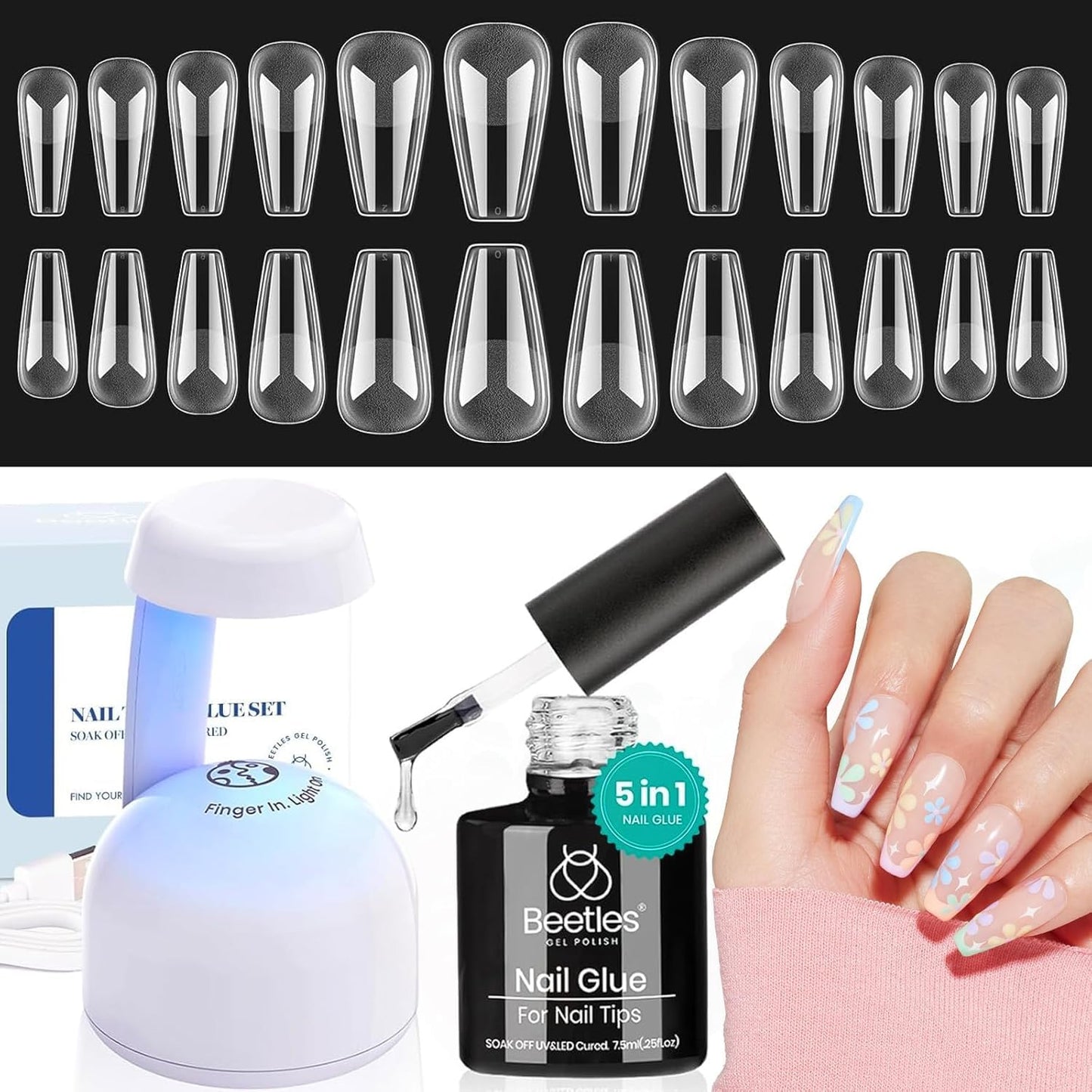 Beetles Gel Nail Extension Kit Almond Shape, Easy 9 in 1 Glue Uv Led Set Etch X Nail Tips Short Almond Half Matte Tips, Gift for Women & Girls, 504 pcs