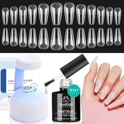 Beetles Gel Nail Extension Kit Almond Shape, Easy 9 in 1 Glue Uv Led Set Etch X Nail Tips Short Almond Half Matte Tips, Gift for Women & Girls, 504 pcs