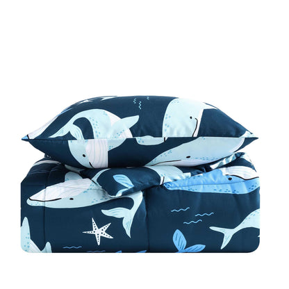 Nautica Kids - Finnian Whales Navy Kids Comforter Set, Soft Bedding with Matching Shams & Throw Pillow, 4-Piece, Navy, Full/Queen
