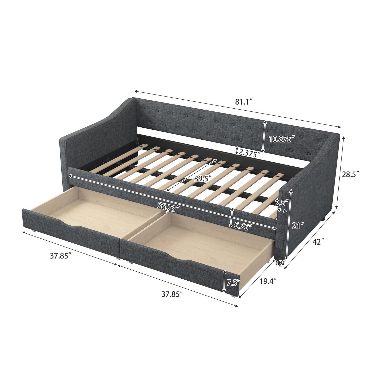 Ball & Cast Twin Size Daybed with Storage Drawers,Linen Upholstered Day Bed Frame with Button Tufted Back and Waved Shape Arms for Bedroom,Guest Room,No Box Spring Needed,Dark Grey